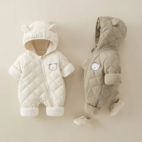 Infant Baby Winter Quilted Hooded Romper Bear Ear Padded Fleece Lined Jumpsuit Warm Newborn Snowsuit Outerwear For Autumn Winter