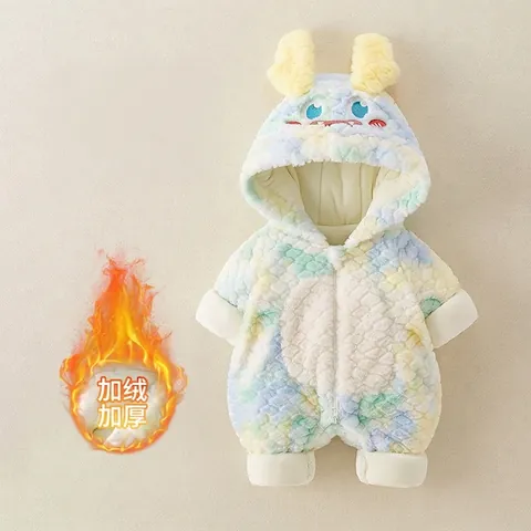 Winter Baby Verdikte Romper Minkfluweel Acetaatvezel Tie-Dye Monster Jumpsuit Met Capuchon Voor Warme Buitenkleding