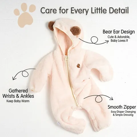 Mameluco de Lana Con Capucha para Recién Nacido Mono de Invierno Cálido Con Orejas de Oso 3D para Bebés Ropa de Salida