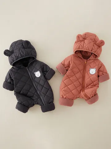 Newborn Baby Winter Thickened Hooded Romper Quilted Fleece Lined Jumpsuit Bear Ears Warm Snowsuit For Infant Boys Girls