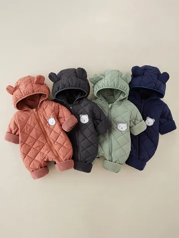 Newborn Baby Winter Thickened Hooded Romper Quilted Fleece Lined Jumpsuit Bear Ears Warm Snowsuit For Infant Boys Girls
