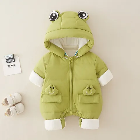 Mameluco de Plumón de Invierno para Bebé Engrosado Mono con Capucha Diseño de Rana Dibujos Animados Cálido para Bebés