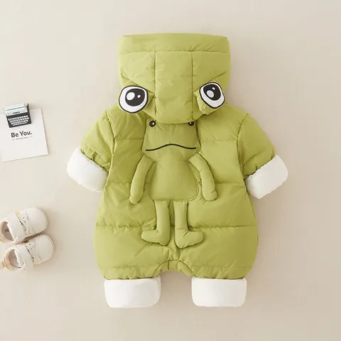 Mameluco de Plumón de Invierno para Bebé Engrosado Mono con Capucha Diseño de Rana Dibujos Animados Cálido para Bebés