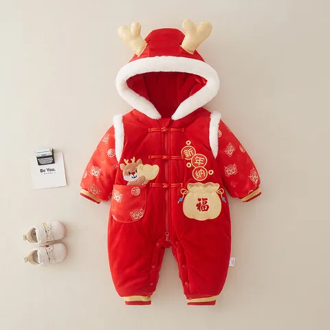 Infant Baby Winter Fleece Romper Jumpsuit Thickened Warm Traditional Chinese New Year Festive Embroidery Antler Hooded Clothes