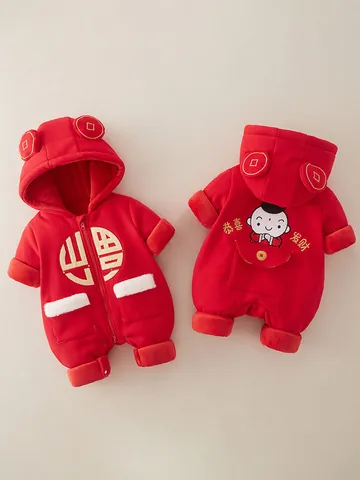 Tutina Imbottita Invernale Per Neonati Capodanno Cinese Festivo Rosso Pagliaccetto Per Bambino Foderato In Pile Caldo Tuta Con Cappuccio Vestiti