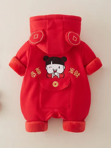 Tutina Imbottita Invernale Per Neonati Capodanno Cinese Festivo Rosso Pagliaccetto Per Bambino Foderato In Pile Caldo Tuta Con Cappuccio Vestiti