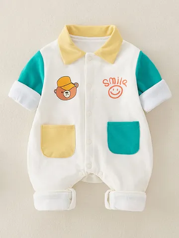 Newborn Baby Boy Long Sleeve Cotton Romper Cartoon Bear Patchwork Color Block Jumpsuit Spring Autumn Casual Infant One Piece Outfit