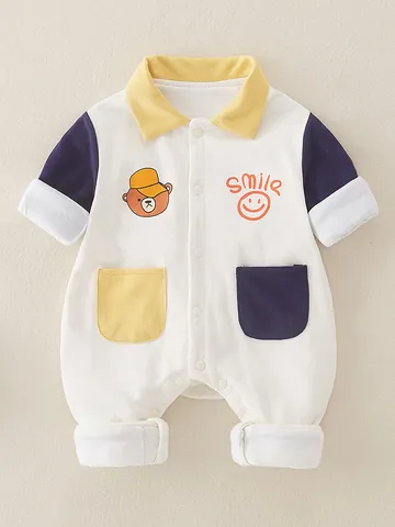 Newborn Baby Boy Long Sleeve Cotton Romper Cartoon Bear Patchwork Color Block Jumpsuit Spring Autumn Casual Infant One Piece Outfit