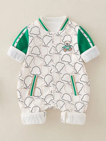 Pagliaccetto per Neonati con Stampa a Testa di Orso a Cartoni Animati Tutina a Maniche Lunghe Misto Cotone Poliestere Colletto Baseball Bottoni a Pressione Vestiti da Uscita per Neonati