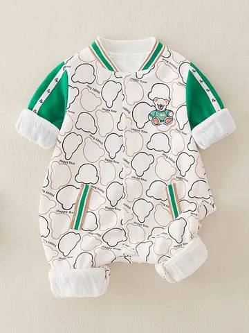Pagliaccetto per Neonati con Stampa a Testa di Orso a Cartoni Animati Tutina a Maniche Lunghe Misto Cotone Poliestere Colletto Baseball Bottoni a Pressione Vestiti da Uscita per Neonati
