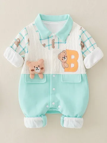 Newborn Baby Boy Long Sleeve Romper Cartoon Bear Patch Plaid Pattern Color Block Korean Style Jumpsuit Infant Spring Autumn Clothing