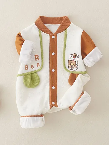 Infant Long Sleeve Waffle Knit Cotton Romper Cute Bear Embroidery Patchwork Newborn Bodysuit Jumpsuit Spring Autumn Baby Clothes
