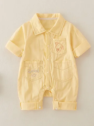 Baby Long Sleeve Romper Pure Cotton Lapel Collar Bodysuit With Dog Embroidery For Newborn Infant Boys Girls Spring Autumn Clothing