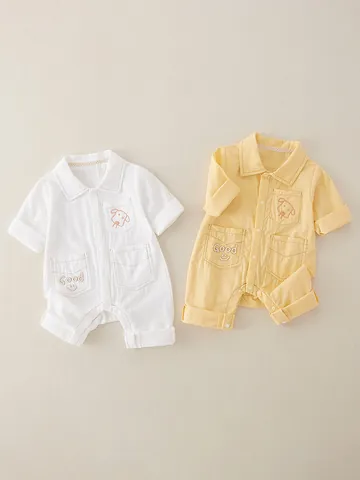 Baby Long Sleeve Romper Pure Cotton Lapel Collar Bodysuit With Dog Embroidery For Newborn Infant Boys Girls Spring Autumn Clothing