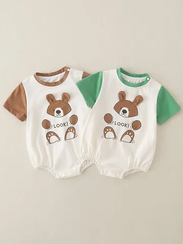Cotton Short Sleeve Baby Romper Cartoon Bear With 3D Ears Snap Closure Summer Newborn Infant Bodysuit Soft Breathable One-Piece Outfit
