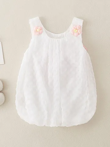 Vestido Mameluco de Princesa para Bebé Niña Blanco Sin Mangas Lazo de Tul Espalda Decoración Flor 3D Verano Niña Fiesta Ropa