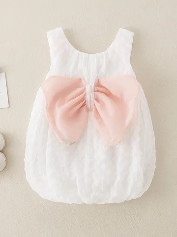 Vestido Mameluco de Princesa para Bebé Niña Blanco Sin Mangas Lazo de Tul Espalda Decoración Flor 3D Verano Niña Fiesta Ropa