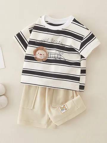 Conjunto de Verano para Niño Pequeño Camiseta de Algodón a Rayas y Pantalones Cortos Casual con Bordado de León Top y Pantalones
