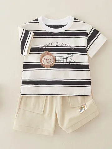 Conjunto de Verano para Niño Pequeño Camiseta de Algodón a Rayas y Pantalones Cortos Casual con Bordado de León Top y Pantalones