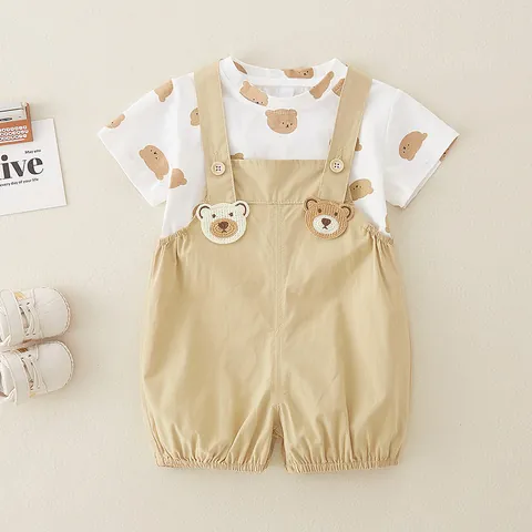 Toddler Baby Summer Clothes Cotton Cartoon Bear Short Sleeve T-Shirt And Suspender Shorts For Infant Boys Girls