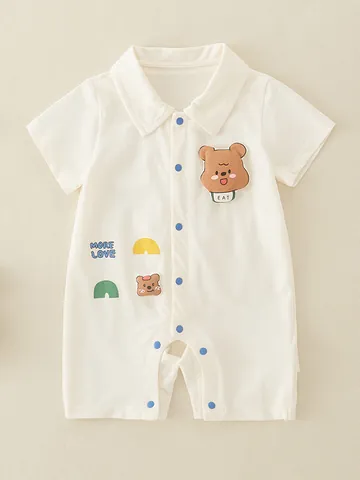 Pagliaccetto per Neonati Estate in Cotone a Maniche Corte Tuta per Bambini Ragazzi Ragazze Orso Cartone Animato Stampa Revers Bottone