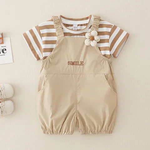 Conjunto de Verano de Algodón a Rayas para Bebé Niña Camiseta Overol Pantalones Cortos Bordado de Flores Ropa Infantil