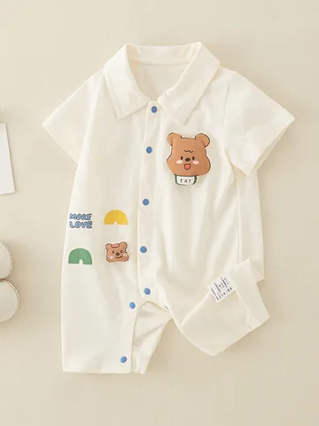 Pagliaccetto per Neonati Estate in Cotone a Maniche Corte Tuta per Bambini Ragazzi Ragazze Orso Cartone Animato Stampa Revers Bottone