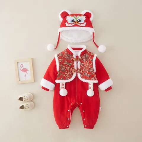 Kleinkind Traditionell Chinesischer Stil Roter Fleece Strampler Für Mondneujahr Mit Löwentanz Stickerei Verdickt Warm Festliches Outfit
