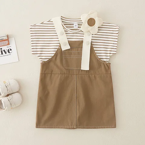 Conjunto de Camiseta a Rayas y Falda con Tirantes y Flor 3D para Bebé Niña Algodón Casual Estilo Coreano Ropa de Verano