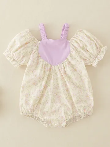 Baby Girl Floral Romper 100% Cotton Summer Sleeveless Body Suit Sweet Purple Heart Pattern Puffed Sleeve Toddler Jumpsuit