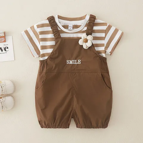 Conjunto de Verano de Algodón a Rayas para Bebé Niña Camiseta Overol Pantalones Cortos Bordado de Flores Ropa Infantil