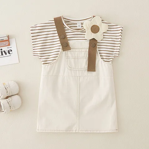 Conjunto de Camiseta a Rayas y Falda con Tirantes y Flor 3D para Bebé Niña Algodón Casual Estilo Coreano Ropa de Verano