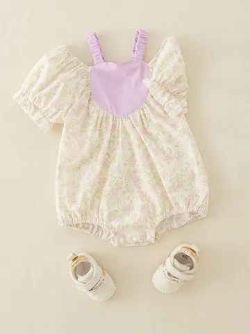 Baby Girl Floral Romper 100% Cotton Summer Sleeveless Body Suit Sweet Purple Heart Pattern Puffed Sleeve Toddler Jumpsuit