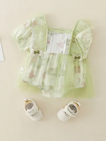 Summer Baby Girl Floral Mesh Romper With Shoes Set Sweet Princess Style Short Sleeve Infant Bodysuit Soft Polyester Crawler