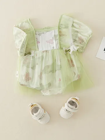 Summer Baby Girl Floral Mesh Romper With Shoes Set Sweet Princess Style Short Sleeve Infant Bodysuit Soft Polyester Crawler