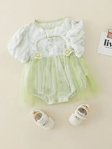 Summer Baby Girl Floral Short Sleeve Romper With Mesh Tutu Skirt Sweet Lace Flower Bubble Sleeve Jumpsuit