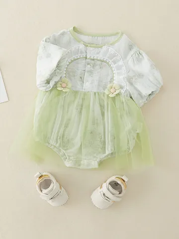 Summer Baby Girl Floral Short Sleeve Romper With Mesh Tutu Skirt Sweet Lace Flower Bubble Sleeve Jumpsuit