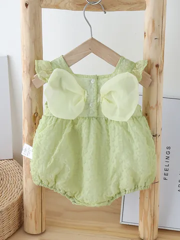 Baby Girl Sleeveless Romper Cotton Blend Bubble Texture Bodysuit With Butterfly Wings Ruffle Fly Sleeves Summer Infant Jumpsuit