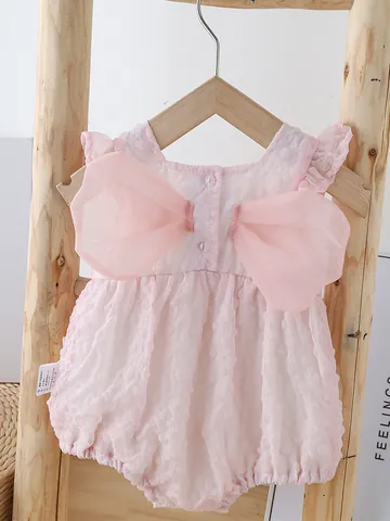 Baby Girl Sleeveless Romper Cotton Blend Bubble Texture Bodysuit With Butterfly Wings Ruffle Fly Sleeves Summer Infant Jumpsuit