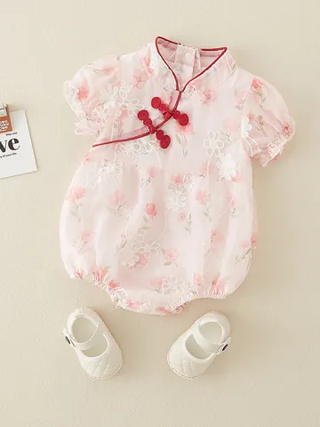 Baby Girl Chinese Style Bodysuit And Shoes Floral Embroidered Romper Chiffon Mesh Puff Sleeve Jumpsuit Summer Infant Outfits