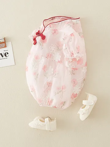 Baby Girl Chinese Style Bodysuit And Shoes Floral Embroidered Romper Chiffon Mesh Puff Sleeve Jumpsuit Summer Infant Outfits