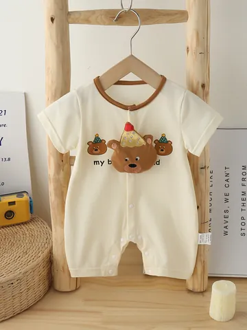 Infant Short Sleeve Cotton Romper Cute 3D Plush Bear Breathable Mesh Baby Onesie For Summer Daily Casual Clothes