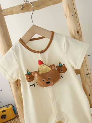 Infant Short Sleeve Cotton Romper Cute 3D Plush Bear Breathable Mesh Baby Onesie For Summer Daily Casual Clothes