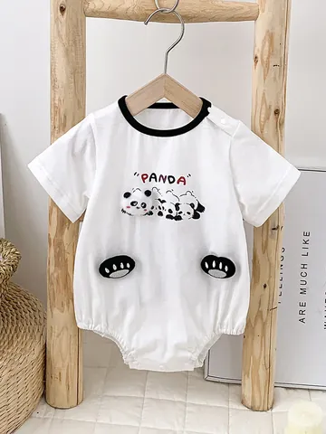 Cartoon Panda Print Baby Kurzarm Strampler Baumwolle Sommer Bodysuit Mit 3D Dekoration Kleinkind Jungen Mädchen Weißer Crawler