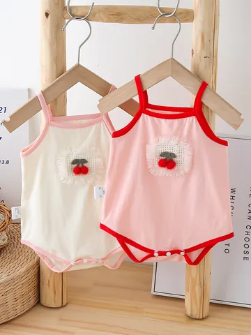 Baby Girl Summer Strap Triangle Romper Adorable Cherry Embroidery Cotton Bodysuit Sleeveless Snap Closure Jumpsuit Infant Soft Breathable Clothing