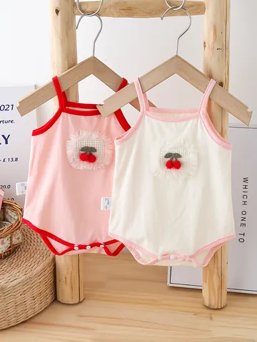 Baby Girl Summer Strap Triangle Romper Adorable Cherry Embroidery Cotton Bodysuit Sleeveless Snap Closure Jumpsuit Infant Soft Breathable Clothing