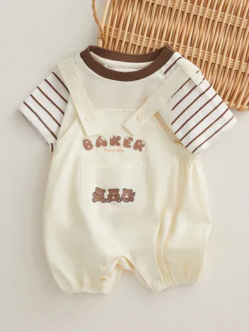 Soft Cotton Baby Short Sleeve Romper With Suspender Pants Striped Bear Pattern Jumpsuit For Infant Toddler Casual Summer Outfit
