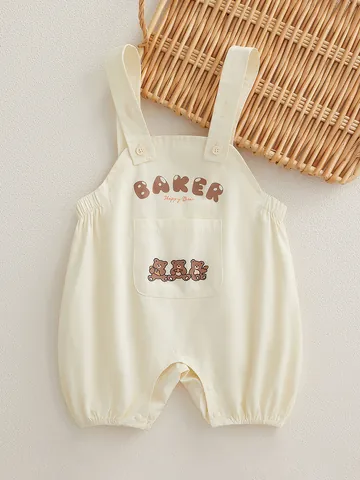 Soft Cotton Baby Short Sleeve Romper With Suspender Pants Striped Bear Pattern Jumpsuit For Infant Toddler Casual Summer Outfit