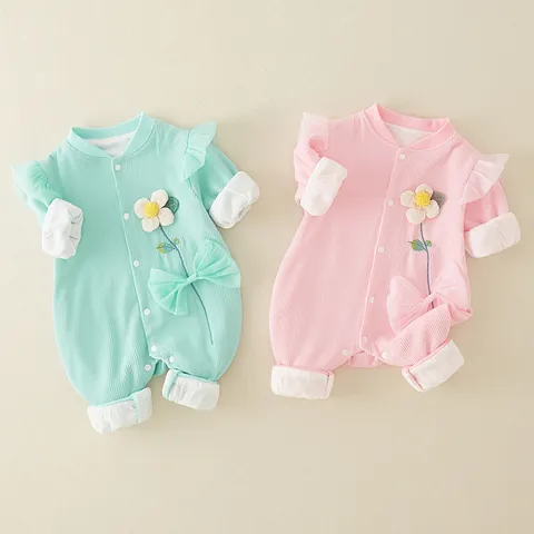 Baby Girls Waffle Knit Jumpsuit Long Sleeve Floral Romper With Mesh Bow Ruffles For Newborn Infant Spring Autumn Clothing