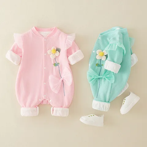 Baby Girls Waffle Knit Jumpsuit Long Sleeve Floral Romper With Mesh Bow Ruffles For Newborn Infant Spring Autumn Clothing